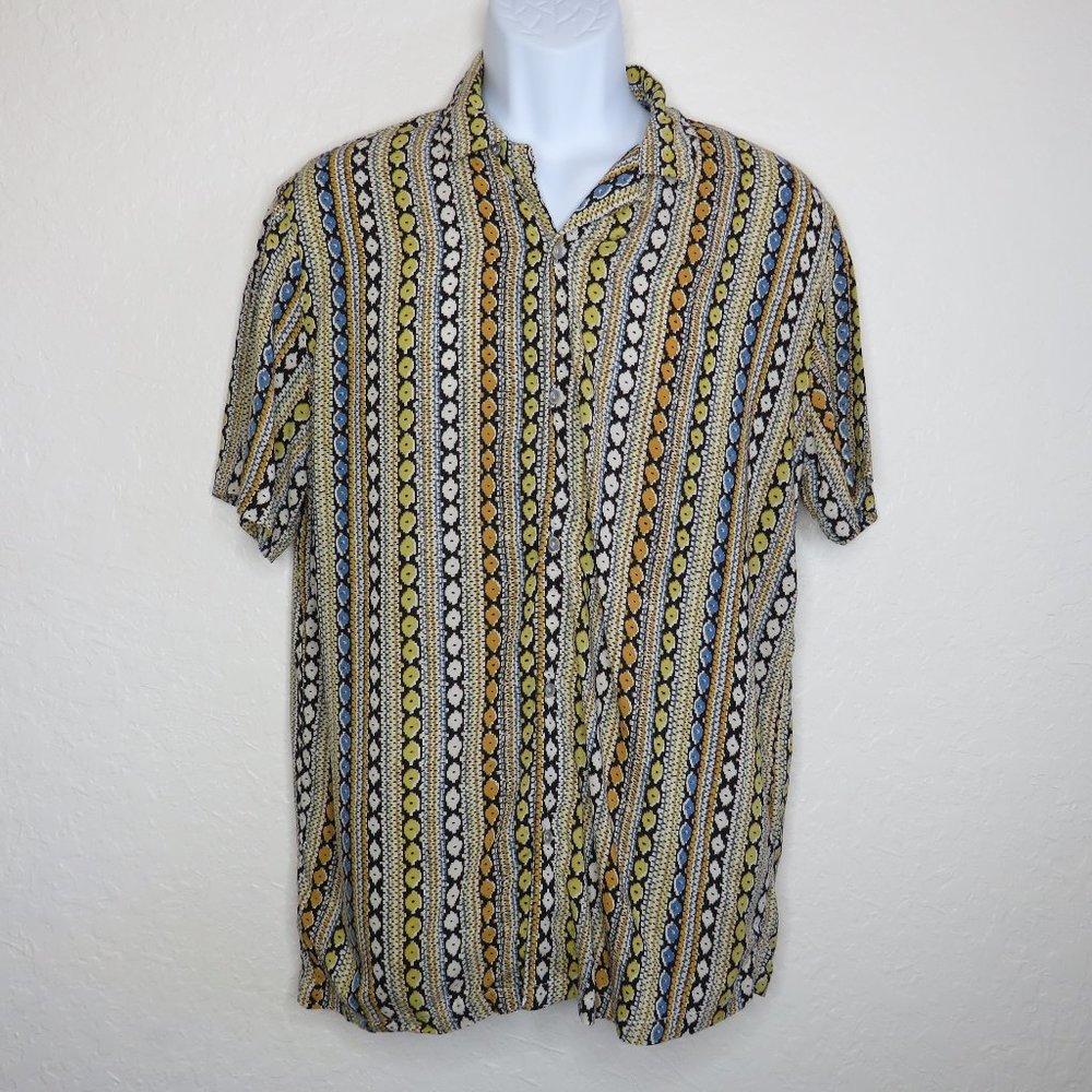 Denim & Flower* Men's Short Sleeve Button Down Curved Hem BOHO Shirt~ Size Large